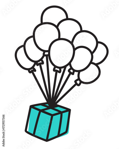 A flying gift box tied to balloons