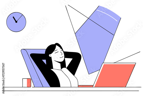 Relaxed businesswoman taking a peaceful break at her modern desk, achieving work life balance and mindful productivity.