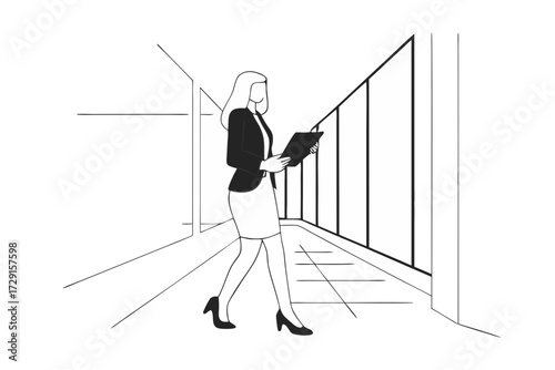 Confident businesswoman strides purposefully down modern office hallway holding document, embodying professional ambition and forward momentum.