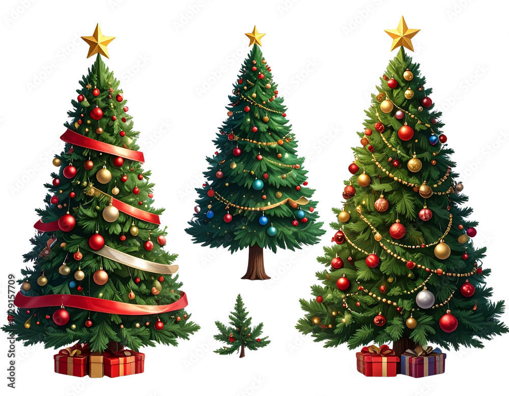 Obraz premium PNG Festive decorated Christmas trees displayed, element set on transparent background