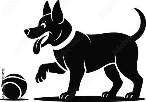 Black dog playing with ball silhouette vector