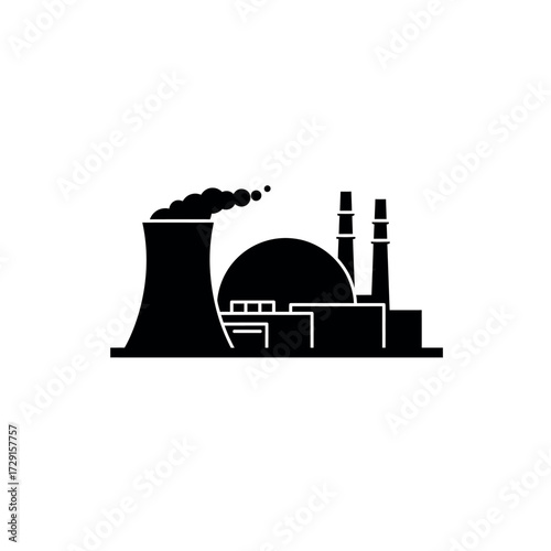 Black silhouette of a nuclear power plant with smoke emitting from the chimney.