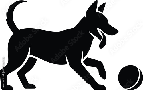 Black dog playing with ball silhouette vector