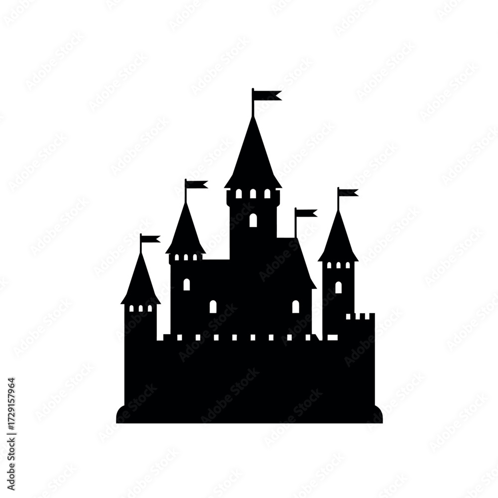 Obraz premium Majestic fairytale castle silhouette with towering spires and flags.