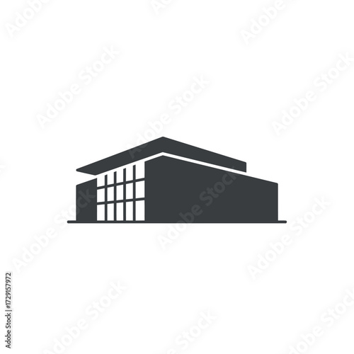 Modern Building Silhouette with Large Windows and Overhanging Roof.