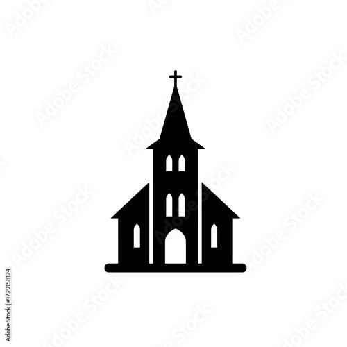 Silhouette of a Church with a Cross on Top of the Spire.