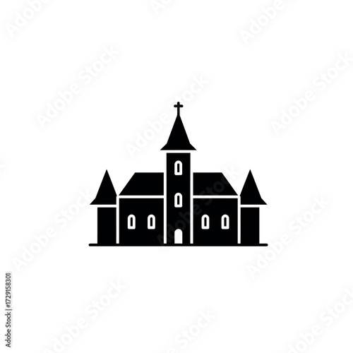 Simple black glyph icon of a historic church building with a cross.