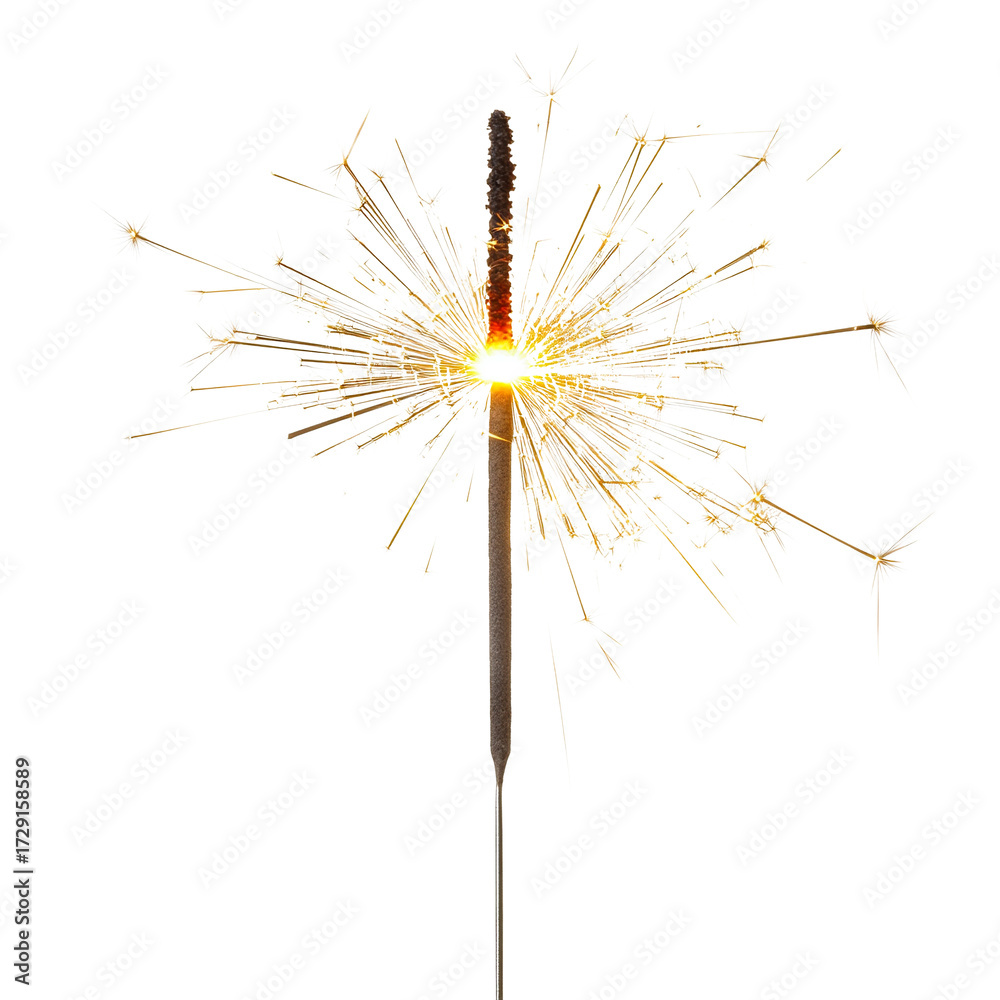 Fototapeta premium Burning sparkler emitting bright sparks in all directions, isolated on transparent cutout background