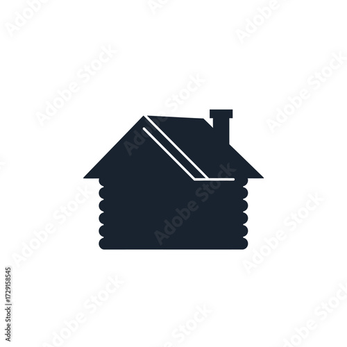 Stylized Log Cabin Illustration with Chimney and Roof Detail.