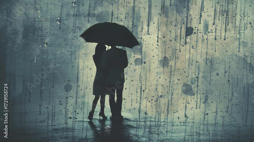 Romantic Couple Standing in the Rain Under an Umbrella