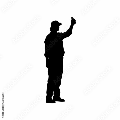 Silhouette of farmer checking poultry shed temperature isolated on white background