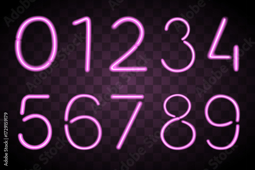 Decorative numbers in the form of neon lamps. pink color print on black background
