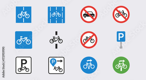 A grid of twelve distinct traffic and informational signs primarily related to bicycles