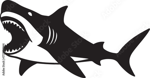 Shark silhouette with mouth open and teeth, Aggressive shark vector marine design