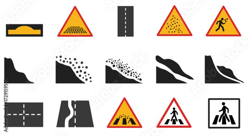 Collection of road warning signs and geological icons in rows