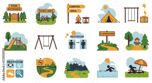 Collection of outdoor park and recreation area signage and activity icons