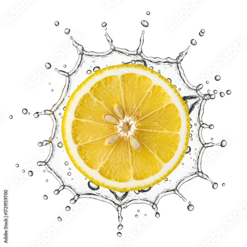 High resolution lemon slice with water splash, fresh citrus fruit, yellow color, food photography, summer refreshment, ingredient isolated on transparent background