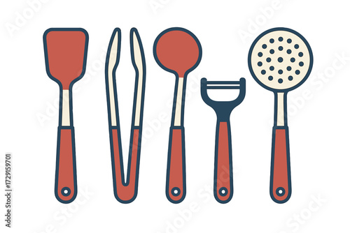 Essential kitchen cooking utensils and tools for meal preparation, including spatula, tongs, ladle, peeler, slotted spoon