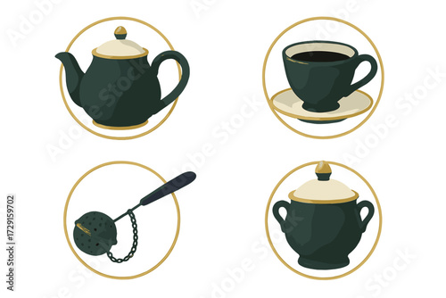 Elegant dark green tea ware with gold accents, a collection of teapot, teacup, and accessories