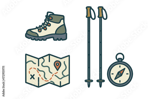 Collection of essential outdoor adventure gear for hiking and trekking including navigation tools, footwear, and walking aids