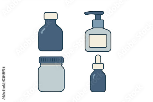 Assortment of modern minimalist cosmetic and pharmaceutical product bottles and containers for health, beauty, and wellness applications