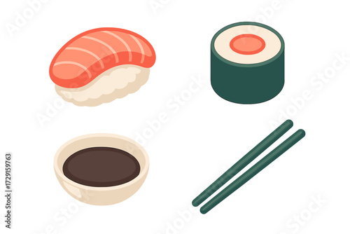 Traditional Japanese sushi set featuring nigiri, maki roll, soy sauce, and chopsticks for Asian cuisine