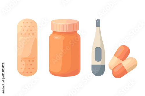 Healthcare essentials: bandage, medicine bottle, thermometer, and capsules for first aid and general wellness