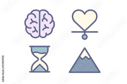 Conceptual icons representing human mind, emotional well-being, passage of time, and overcoming challenges