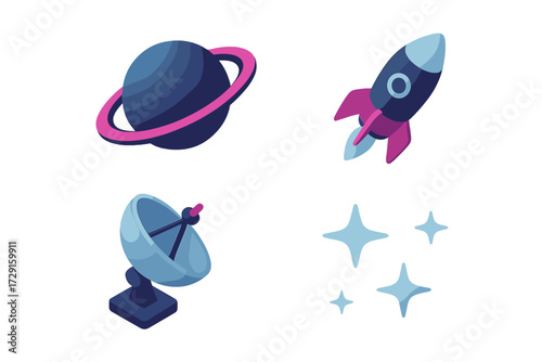 Space exploration elements with ringed planet, launching rocket, satellite dish, and sparkling stars