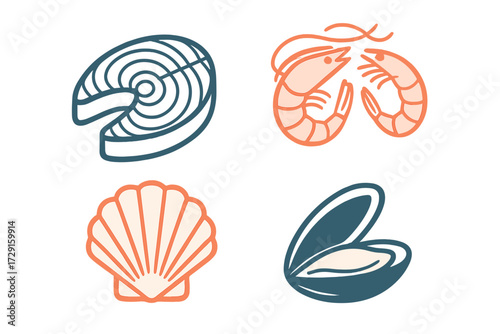 Assortment of fresh seafood icons featuring salmon steak, prawns, scallop shell, and open mussel for culinary design