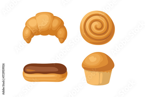 Assortment of delicious baked goods including croissant, eclair, muffin, and cinnamon roll for breakfast or dessert