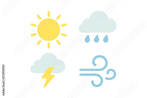 Minimalist graphic set of various weather conditions symbols including bright sun, falling rain, stormy lightning, and strong wind