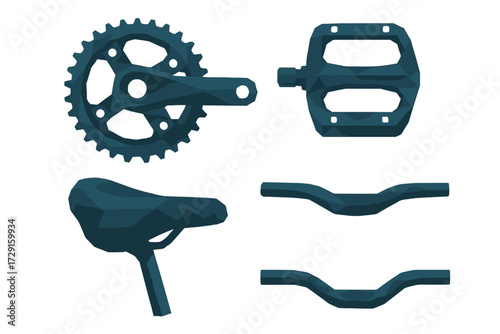 Low poly geometric bicycle components: crankset, pedal, saddle, handlebars, isolated on white background