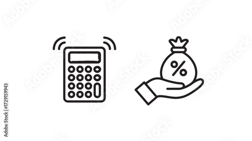 Calculator and hand holding money bag icons simple line vector design element for finance and investment isolated on white background