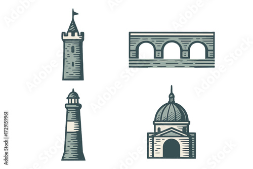 Historical architectural landmarks collection with castle tower, ancient bridge, coastal lighthouse, and classic domed building