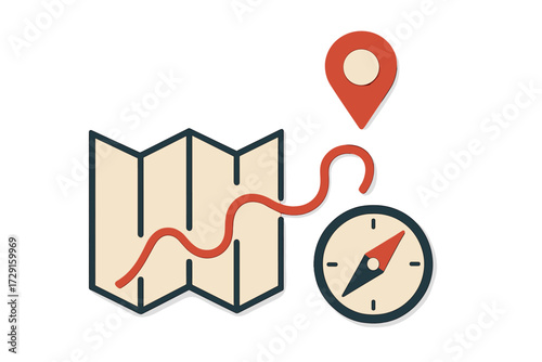 Navigation concept with folded paper map, winding red path, destination location pin, and magnetic compass for travel planning and journey guidance