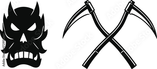 Vector illustration of demonic face with horns and crossed scythes, spooky Halloween horror design, creepy gothic artwork for dark festive decoration themes