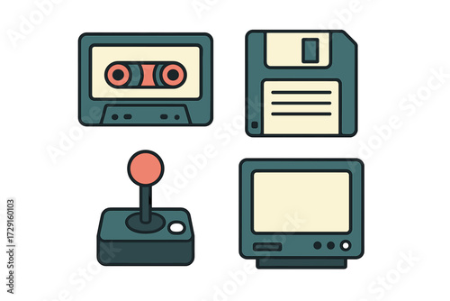 Retro technology gadgets from the 80s and 90s including cassette, floppy disk, joystick, and monitor