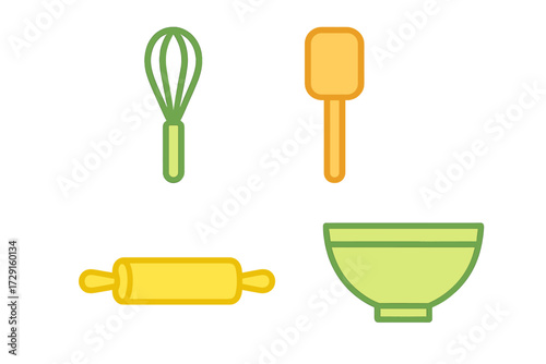 Collection of essential baking tools including whisk spatula rolling pin and mixing bowl for kitchen activities