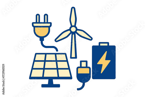 Renewable energy sources with solar panel, wind turbine, battery storage, and electric plugs for sustainable power