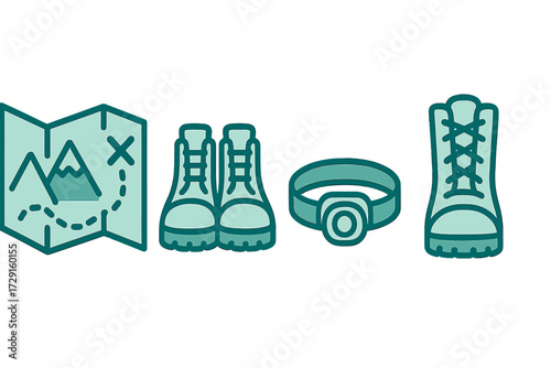 Detailed outdoor adventure and hiking equipment set including trail map, sturdy boots, and powerful headlamp
