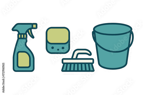 Collection of household cleaning tools including spray bottle, sponge, scrub brush, and bucket for domestic chores