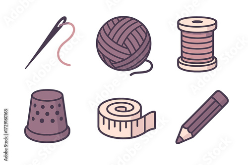 Essential sewing and crafting tools including needle, yarn, thread, thimble, measuring tape, and pencil
