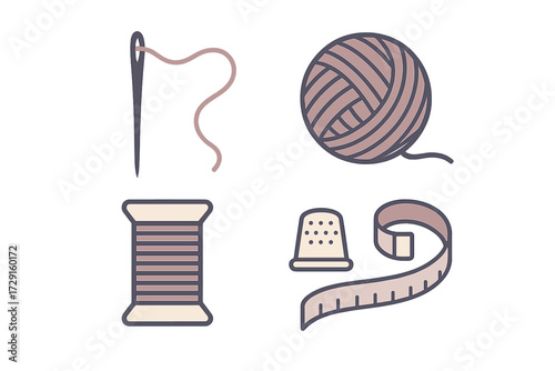 Essential crafting and textile tools set including needle, thread, yarn ball, thimble, and measuring tape for sewing and tailoring projects