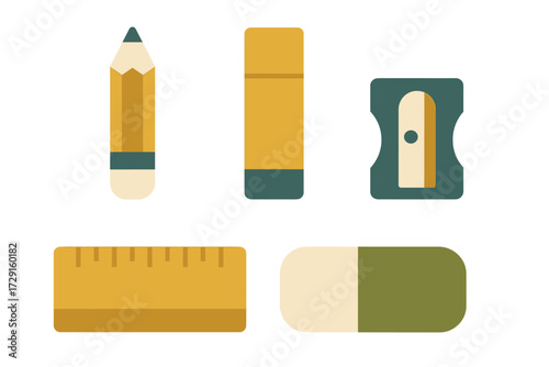 Collection of essential school and office supplies including pencil, glue stick, sharpener, ruler, and eraser
