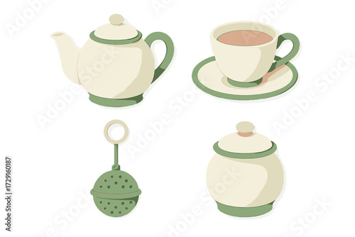Complete ceramic tea accessories set featuring teapot, teacup, saucer, infuser, and sugar bowl