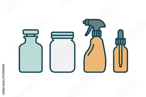 Diverse collection of empty bottles, jars, and spray containers for cosmetic, household, and health liquids