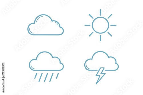 Collection of weather icons depicting sunny, cloudy, rainy, and stormy atmospheric conditions