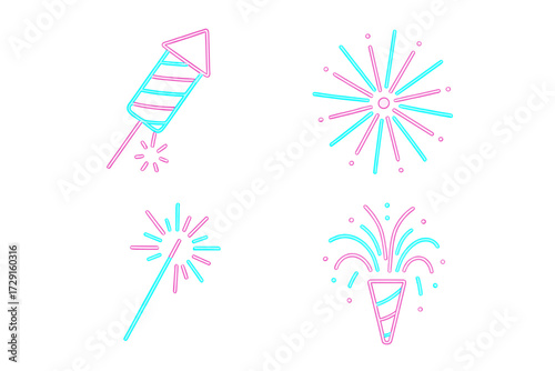 Vibrant neon outline icons set featuring fireworks, a glowing sparkler, and a festive party popper for celebrations