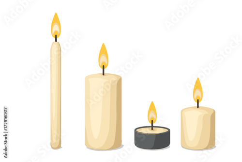 Set of elegant burning wax candles in various sizes and shapes, featuring warm glowing flames and soft light
